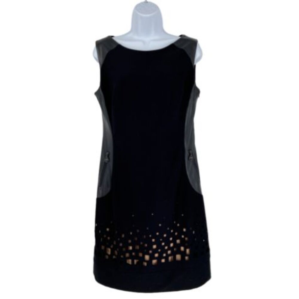 Joseph Ribkoff Black Lasercut Faux Leather Ponte Sheath Cocktail Dress Size 8‎